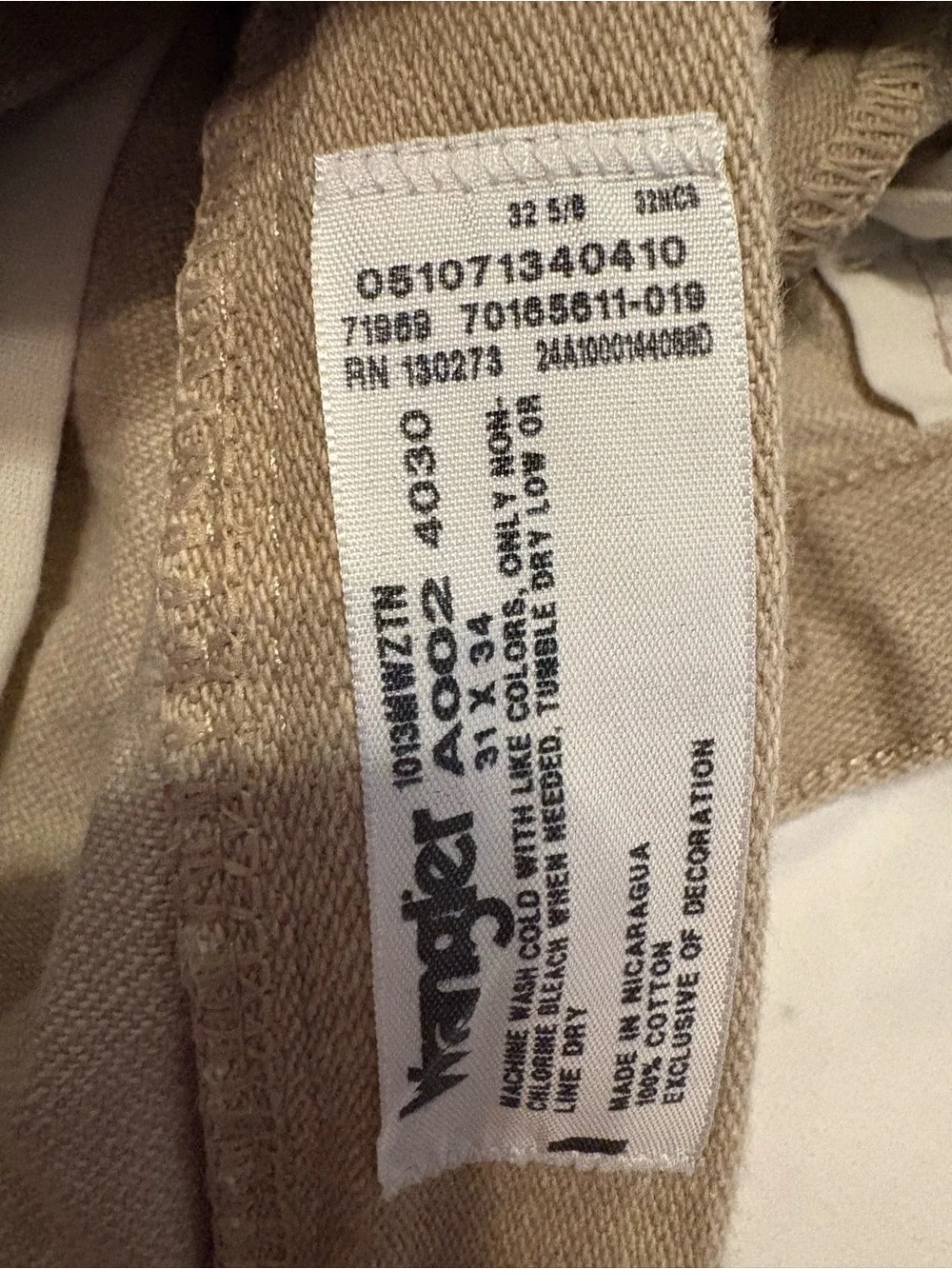 Wrangler Men’s 31x34 Tan Khaki Straight Leg Jeans 100% Cotton